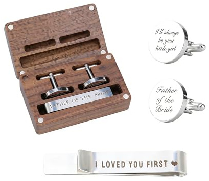 Regalo per il padre della sposa, set di gemelli e fermacravatta con scatola regalo in legno inciso, gemelli da matrimonio, regalo per la festa del papà o il padre della sposa, scatola di gemelli