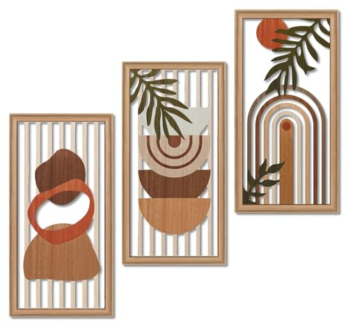 Putuo Decor 3er Set Wandbilder abstrakt Boho mit Blättermotiv, gerahmte Wanddeko in Beige Braun für Wohnzimmer Schlafzimmer Flur Büro, moderne Linienbogen Kunst