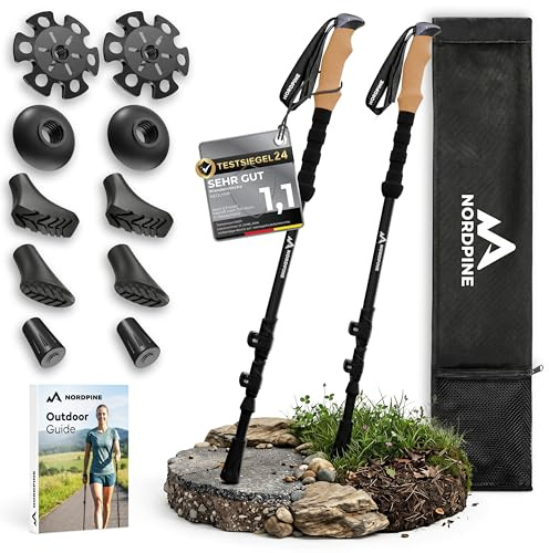 Wanderstöcke Teleskop Carbon oder Aluminium 65-135cm - Höhenverstellbare Walking Stöcke Damen & Herren - Nordic Walking Stöcke mit Korkgriff, Wolframspitze & Gummipuffer - Trekkingstöcke ausziehbar