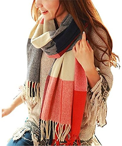 Loritta Womens Scarf Fashion Long Plaid Shawls Wraps Big Grid Winter Warm Lattice Large Scarves Gifts, Red Navy Lattice
