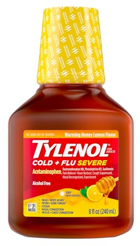 Tylenol Cold + Flu Severe Medicine w/Acetaminophen, DextromethorphanHBr, Guaifenesin, PhenylephrineHCI, Liquid Daytime Cold/Fever & Chest Congestion Relief, Warming Honey Lemon, 8 Fl. Oz