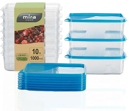 MiraHome Gefrierdosen 10x1L rechteckig blau – Vorratsdosen mit Deckel luftdicht – Transparente Frischhaltedosen mit Deckel – Aufbewahrungsbox Küche für Mealprep & Organisation – Austrian Quality
