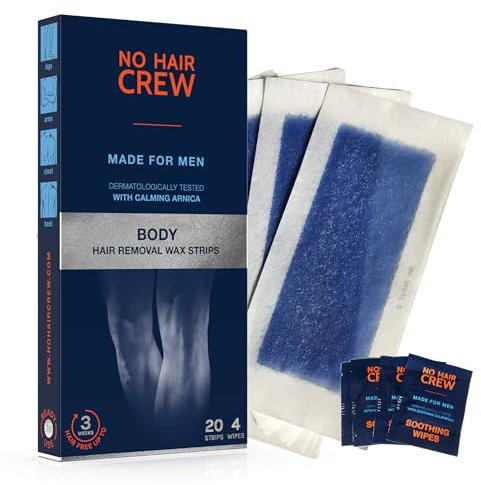 NO HAIR CREW Kaltwachsstreifen für den Körper – Wachsstreifen zur Haarentfernung, für Männer, 20 Wachsstreifen & 4 Pflegetücher