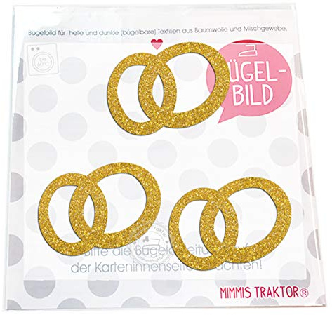 Bügelbild 3 Eheringe 6 cm Aufbügler Applikationen Bügelsticker für Stoffe Textilien Kinder zum Aufbügeln Flicken, Farbe:Glitzer gold