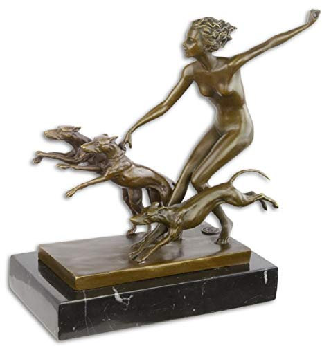 Casa Padrino Luxus Bronze Skulptur Frau mit 3 Hunden Bronze/Gold/Schwarz 21,8 x 10,8 x H. 22,9 cm - Bronzefigur mit Marmorsockel - Dekofigur