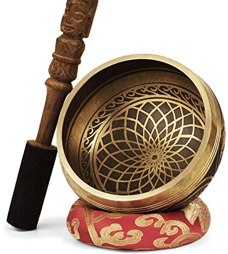 TARORO Tibetansk klangskål, Ø13cm, handgjord i Nepal ~ Utmärkt till meditation och avslappning ~ Säljs med en röd sidenkudde och en handsnidad läderklädd klubba