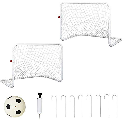 HOMCOM Set de 2 Porterías de Fútbol con Red y Balón para Niños y Adultos, Juguete Deportivo para Exterior Jardín con Inflador, de Acero y Poliéster, 78x46x56 cm, Blanco