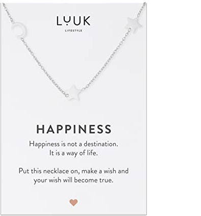 LUUK LIFESTYLE Halskette aus Edelstahl mit Anhänger und HAPPINESS Spruchkarte, Freundschaftskette, Geschenk zum Geburtstag, Damenschmuck, Silber, Gold, Rosé