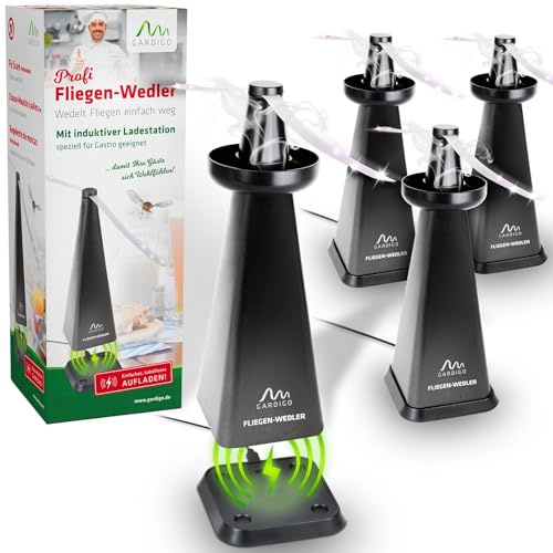 GARDIGO® Répulseur de Guêpes et Mouches Électrique – Lot de 4 avec Station de Recharge Inductive | Ventilateur Anti-Insectes avec Diffuseur d’Huiles Essentielles | pour Restauration, Buffet, Terrasse