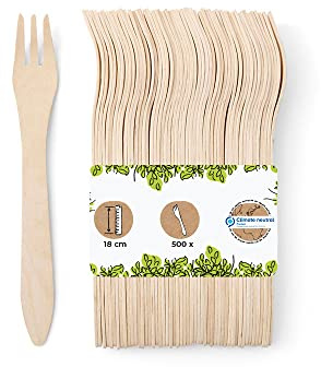 BIOZOYG 500 bois tasses à usage unique I jetables bois couverts Parti biodégradable vaisselle à usage unique, fourches en bois compostables I fourches couverts jetables 18 cm