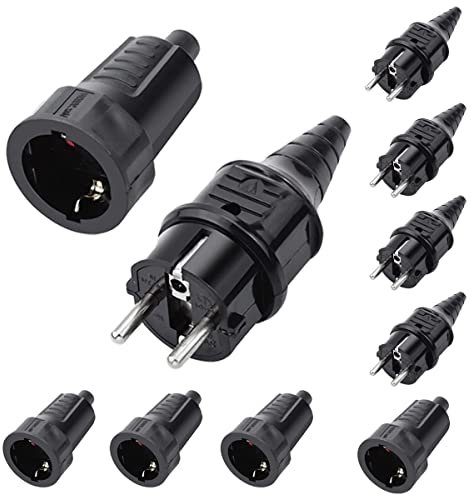10 x Schuko Stecker Kupplung 250V Aussenbereich Kupplung Set, Außenbereich Stromstecker Schutzkontakt Set mit Knickschutz, Schutzkontakt Stecker & Kupplung Gummi Schukostecker Ip44,16A