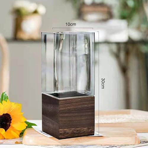 MAADES Vase Blumenvase aus Glas & Holz Eckig 30cm groß Glasvase Grau als Tischdeko Hochzeitsdeko