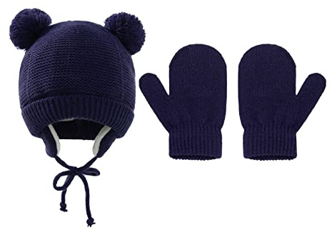 Suxgumoe Baby Hat and Gloves Set, Infant Toddler Winter Warm Knitted Beanie Hat Mittens for Girls Boys 1-4 Years Old (Navy)