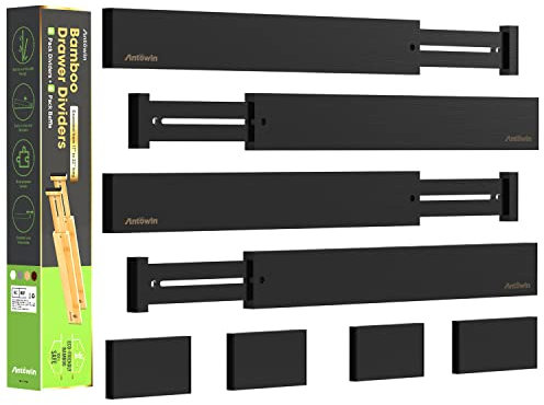 ANTOWIN Schubladentrenner Verstellbar Bambus (43-56 cm), Schubladen Organizer, Gefedert, Küche, Kommode, Badezimmer, Schlafzimmer, Babyschublade, Schreibtisch Ordnungssystem (Schwarz)