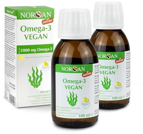 NORSAN Omega 3 Vegan DHA EPA Olio di alghe ad alto dosaggio I 2x100 ml Vegan Omega 3 2000mg I Integratore omega 3 con olio di alga I Omega 3 Liquido con 800 UI di vitamina D3 I Omega 3 vegetale