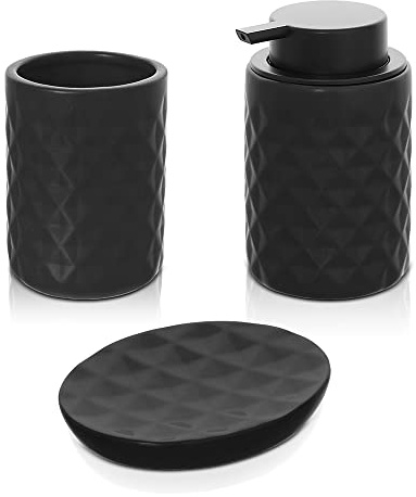 Inbagno Set Completo Accessori Bagno 3 Pezzi Colore Nero, Kit Accessori appoggio con Dispenser, portaspazzolini e portasapone Solido, in Ceramica, Linea Cristal
