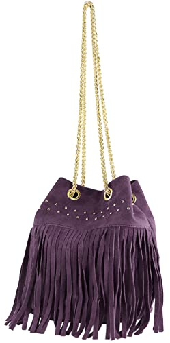modamoda de - T244 - Borsa da donna in pelle scamosciata con frange e catena d'oro