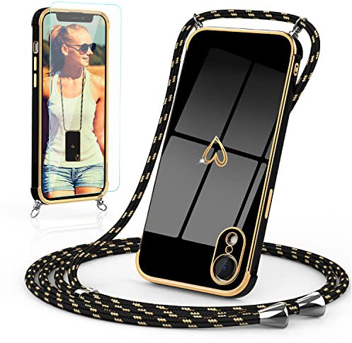 Togestar Handykette Hülle für iPhone XR Handyhülle mit Band und Schutzfolie, Kameraschutz Herz Love Design 360 Grad Stoßfeste Schutzhülle Silikon TPU mit Kordel zum Umhängen, Schwarz