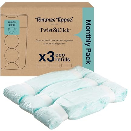 Tommee Tippee Twist & Click Nappy Bin Refills, Pack of 3, each 10.5 metres, Multilayer, Antibacterial* Film, Designed to Slot into Your Existing Twist & Click Nappy Bin Cassette (3 X 10.5m)
