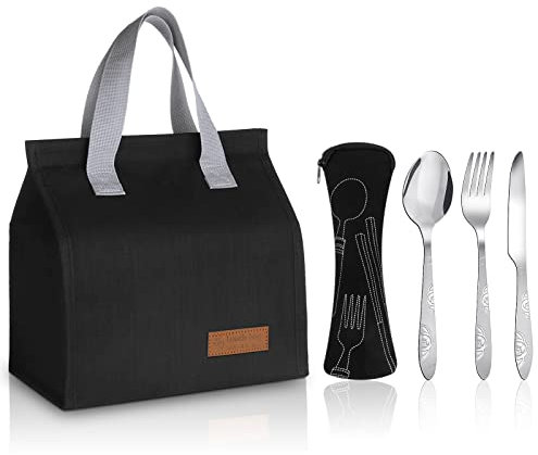 FANTESI Insulated Lunch Bag with Cutlery Set Reusable Leakproof Lunch Box Tote Bag Heat Cold Preservation Lunch Box Container for Women Men Kids