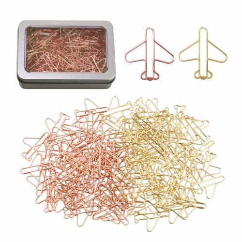 OWLFAVO 100 Stück Büroklammern in Flugzeugform mit Dose, Roségold und Gelbgold, lustige niedliche Büroklammern, Lesezeichen, Planer-Clips für Spaß, Bürobedarf, Schule, Geschenke, Hochzeitsdekoration