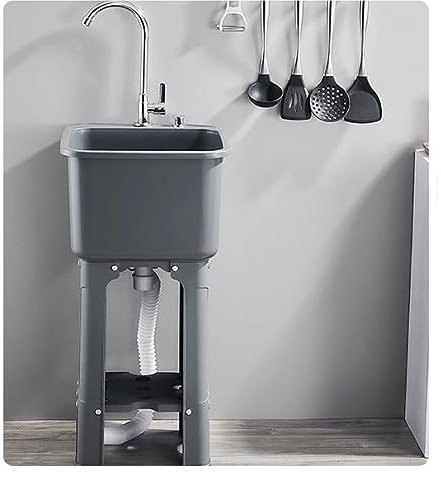 HCZION Kunststoff Waschbecken 1 Becken Spülbecken Freistehende Spültisch 60cm Küchenspüle Mobiles Handwaschbecken Gewerbliche Ausgussbecken (Color : Grey, Size : 40x40cm/15.7x15.7in)