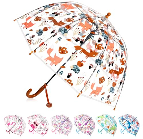 Wxjiahetai Transparenter Regenschirm für Kinder im Alter von 3–10 Jahren, automatisches Öffnen, winddichter Regenschirm, leichte Kleinkind-Regenschirme für Schule, Outdoor, Transparenter Fuchs, 39