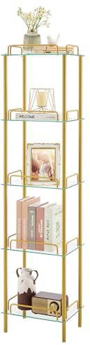 FAVOOSTY 5 Tier Book Shelf Tall Bookcase Free Standing Corner Ladder Shelf with Anti-tip Kit Narrow Shelving Unit Storage Load 110 lbs for Bedroom Living Room Study Room Office, Gold
