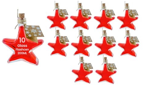 slkfactory, 10 bottiglie di vetro a forma di stella da 200 ml per liquore e acquavite, per Natale (10 x 200 ml)