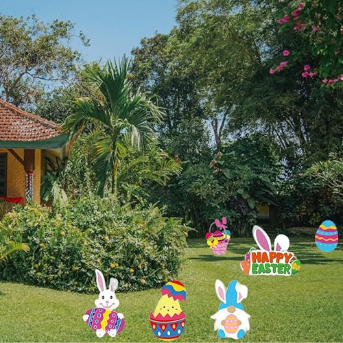 eBoutik - Spring Time Outdoor Waterproof Lawn Decorations - Easter Bunny & Easter Egg Colourful Décor For Easter Egg Hunts Party Props, Garden Grass Stakes Decor