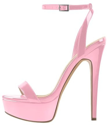 onlymakerheels Platform Stiletto High Heels for Women, Round Open Toe Ankle Strap Sexy Heeled Sandals for Wedding Party Dress Pink Size9.5