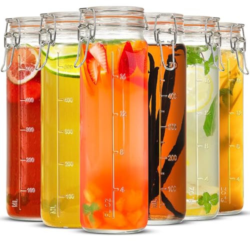 Absovetu Confezione da 6 barattoli in vetro con coperchio per succhi di frutta, 600 ml, con coperchio ermetico, per latte, spezie, marmellata, pasta, fagioli, alimenti secchi, contenitori da cucina
