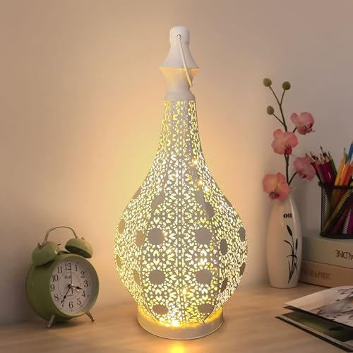 Orientalische Lampe Metall, Marokkanisches Lampe mit LED Licht, Orientalische Deko Laterne, Marokkanische Teelichthalter Dekoration Wohnzimmer, Tischlaterne Ramadan Deko Windlicht Innen Außen (A)
