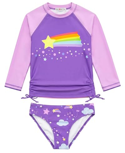 weVSwe Flicka baddräkt UPF 50+ skydd långärmad tvådelad rosett badmode rash guard volanger sällsynta sömmanschetter, Lila regnbåge, 7-8 år