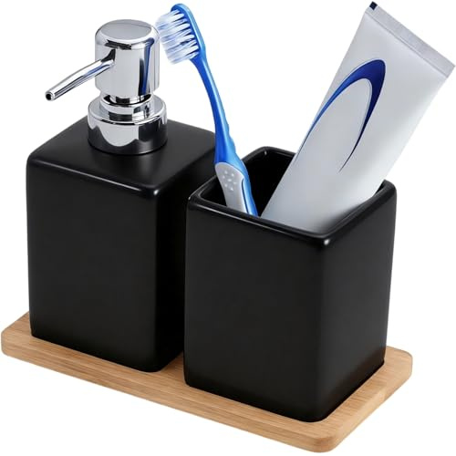 Bathroom Accessories Set, 3Pcs Black Ceramic Soap Dispenser, Toothbrush Holder & Bamboo Tray, Modern Minimalist Bathroom Set for Sink, Vanity, Washbasin & Bathtub