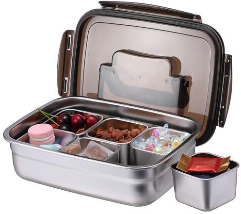 SUMTree Edelstahl Snackbox mit Fächern Tragbar Snackteller mit 6 klein Snackboxen Snackschale mit Kunststoff Deckel Luftdicht Lunchbox für Lebensmittel Süßigkeiten Obst Kekse Gemüse Nüsse (quadrat)