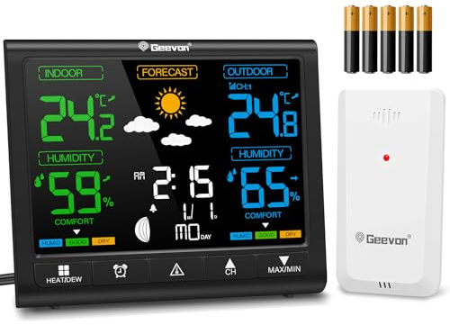 Geevon Wetterstation Funk mit Außensensor Wettervorhersage Farbdisplay 3CH | HEAT/DEW-Anzeige, Temperaturalarm (HI/LO), Eiswarnung, Komfortanzeige, 3-Kanal (1 inkl.), 60m, für Zuhause/Garten/Keller
