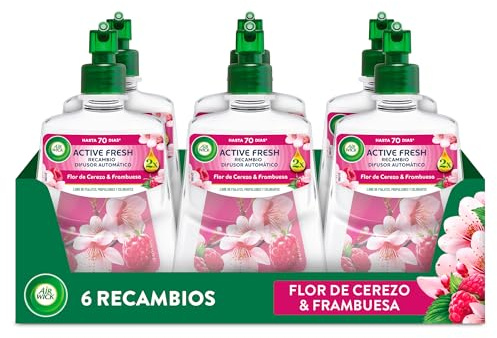 Air Wick Active Fresh Spray Automatico Sin Aerosol - Ambientador para casa con aroma a Flor de Cerezo & Frambuesa - Pack de 6 Recambios (228mlx6)
