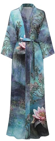 BABEYOND Dam kimono morgonrock lång chiffong lätt satin halvärm lös passform badrock, Turkos, One Size