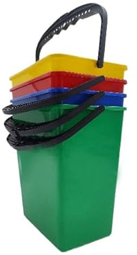 Kit 4 Cubetas cuadradas 6 Lt. con asa para carritos de Limpieza institucional. Color Amarillo, Rojo, Verde y Azul.