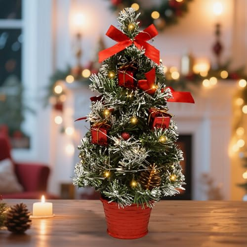 Mini Weihnachtsbaum, 40cm Künstlicher Weihnachtsbaum, Kleiner Weihnachtsbaum mit Beleuchtung, Tannenbaum Klein, Mini Weihnachtsbaum Beleuchtet, Christbaum Tischdeko, Weihnachtsdeko (Rot)