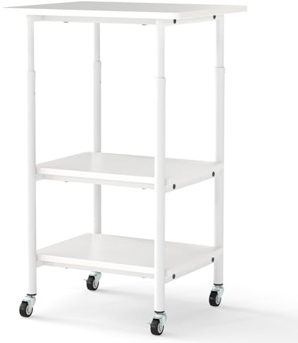 HOMASIS Meuble Imprimante à 3 Niveaux, Hauteur Réglable, Support Imprimante avec Rangement, Table Mobile Industrielle avec Étagère, Roues Verrouillables pour Télécopieur, Machine et Scanner (Blanc)