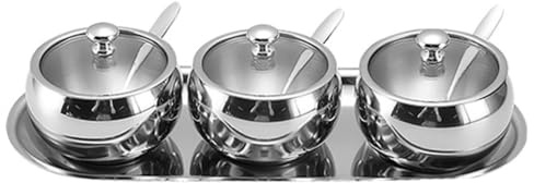 Zuccheriera sferica multiuso, in acciaio inox, con coperchio trasparente e cucchiaio, contenitore per condimenti da cucina (3 pezzi)