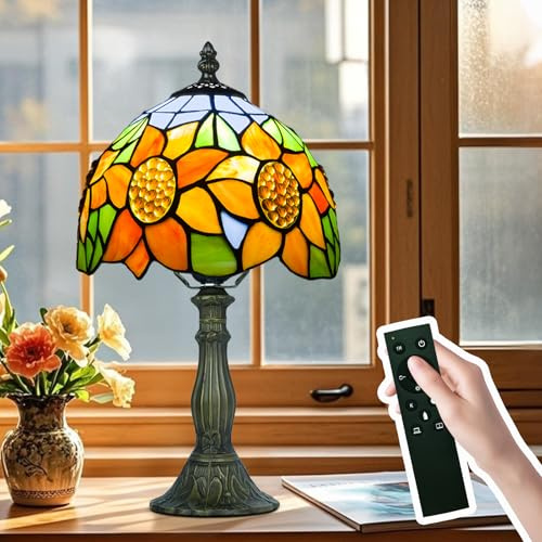 Ppbmocw Tiffany-Tischlampe, Metallsockel, E27-Glühbirne Mit Fernbedienung, 8 Zoll Retro Stained Glass Lamp Für Wohnzimmern,Lesezimmern,Schlafzimmern Und Arbeitszimmern Verwendet (D Sonnenblume)