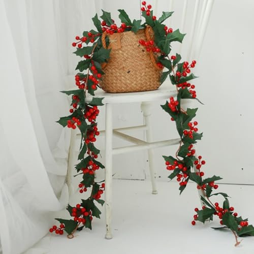 ZiStarlilife Guirnalda de acebo artificial de Navidad de 175 cm, vid de hiedra con bayas rojas, hojas verdes para decoración de bodas, fiestas, hogar, jardín (Nº 75)