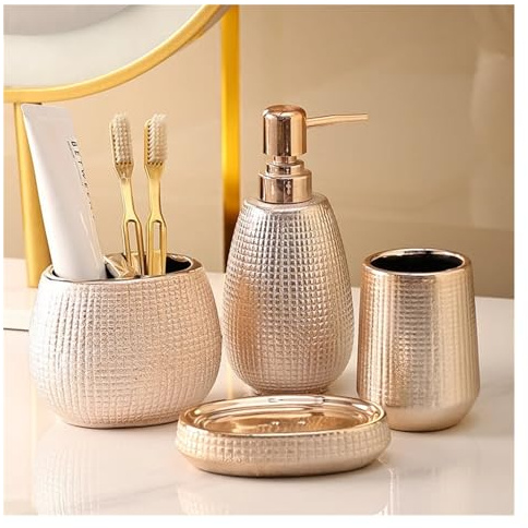 Set Porta Sapone E Spazzolino Bagno Kit In Oro Rosa Set Di Accessori For Il Bagno Lusso Completo Portasapone Ceramica WC, Portaspazzolino(MGJ-Set4)