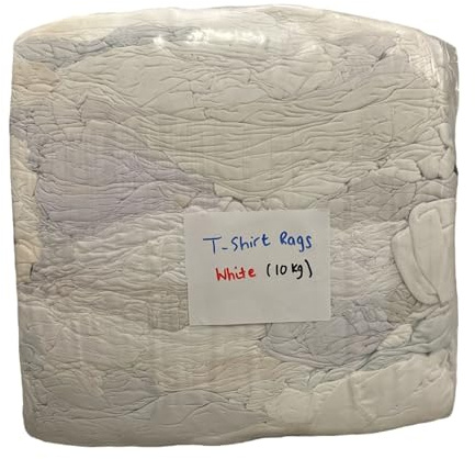 White T-Shirt Rags in Bulk 10kg - 100% Cotton Cut Rags for Workshop, Garage, Automotive Detailing & Cleaning - Eco-Friendly, Soft, Highly Absorbent Rags for Polishing and Waxing