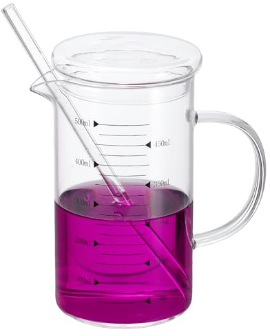 PATIKIL 500ml Glass Measuring Cup, Borosilicate Glass Beaker Graduated Liquid Measure Cups with Glass-Lid Straw V-Shaped Spout for Kitchen Drinking Restaurant, Black Printed Scale