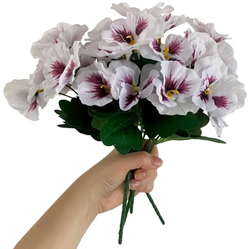 Artificial Fake Pansy Flowers Faux Silk Pansies Outdoor Artificial Flowers,Uv Resistant Outdoor Plants for Home Planter Porch Yard Patio Window Box Decor (White)
