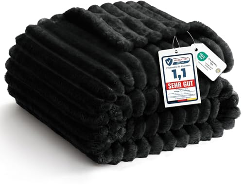 WAVVE Kuscheldecke Flauschig Decke - 150x200cm - Schwarz - Weiche Flanell Fleecedecke, Sofadecke & Couchdecke, Warme Korddecke für Wohnzimmer Deko, Sofaüberwurf Tagesdecke